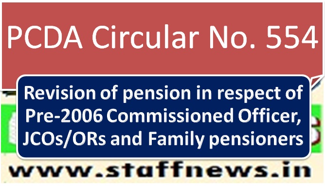 Pension Revision i.r.o. Pre-2006 Commissioned Officer, JCOs/ORs and Family pensioners: PCDA Circular No. 554