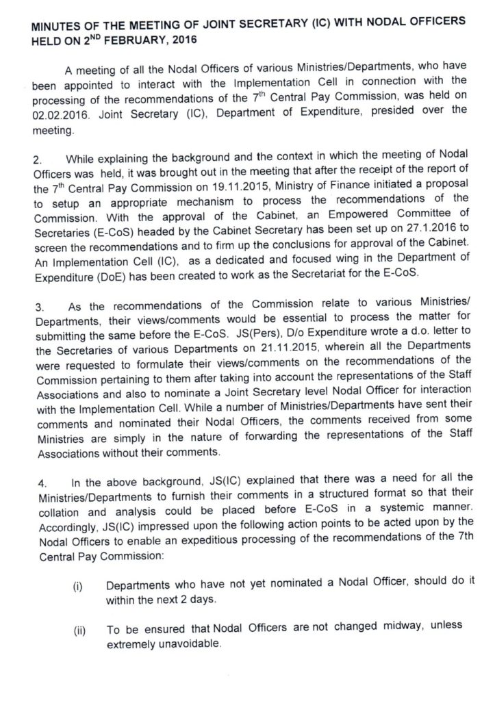 7th CPC implementation- Minutes of the Meeting of Nodal Officers held on 2-2-2016