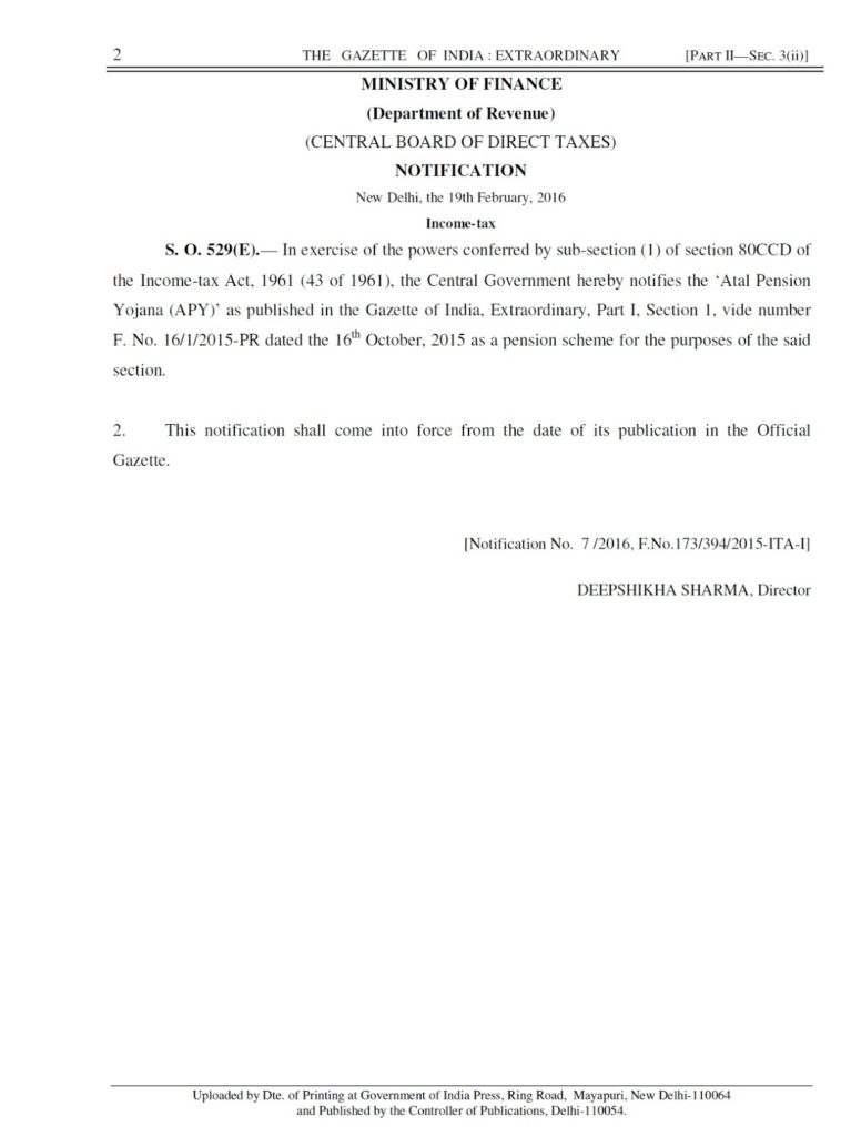 Income Tax Exemption notification under Atal Pension Yojana (APY)