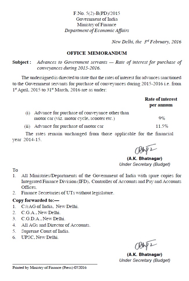 Rate of interest for purchase of conveyances during 2015-2016: Fin Min Order