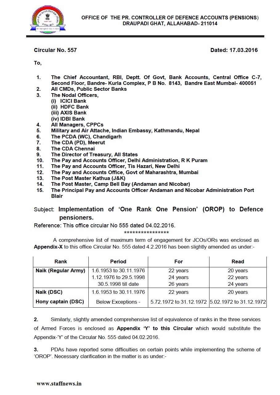 OROP Implementation PCDA Circular No.557 Amendment & Clarification on