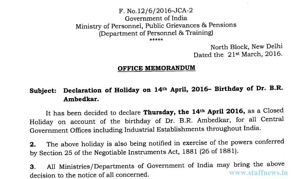 Declaration of Holiday on 14th April, 2016- Birthday of Dr. BR. Ambedkar