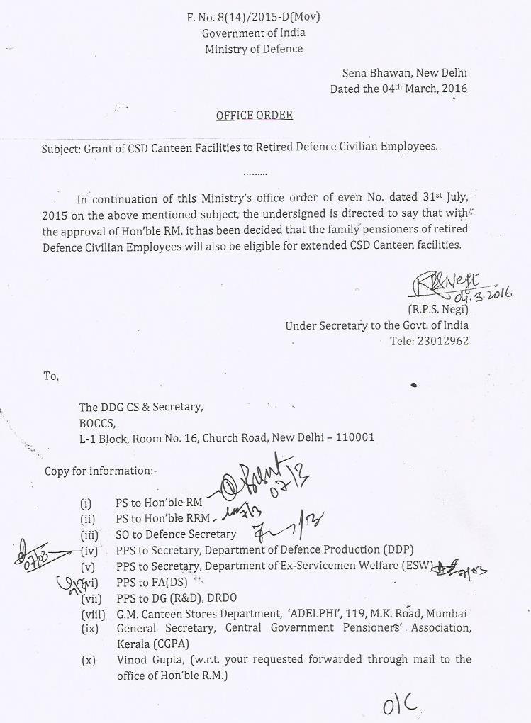 Grant of Canteen Facilities to the Family Pensioners of Retired Defence Civilians: MoD Order dated 04.03.2016 Grant of Canteen Facilities to the Family Pensioners of Retired Defence Civilians: MoD Order dated 04.03.2016