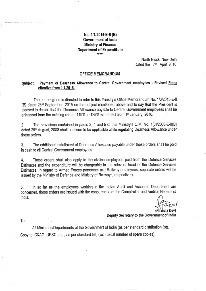 Dearness Allowance from Jan 2016 โ 6% hike Order issued by Finmin Dearness Allowance from Jan 2016 โ 6% hike Order issued by Finmin