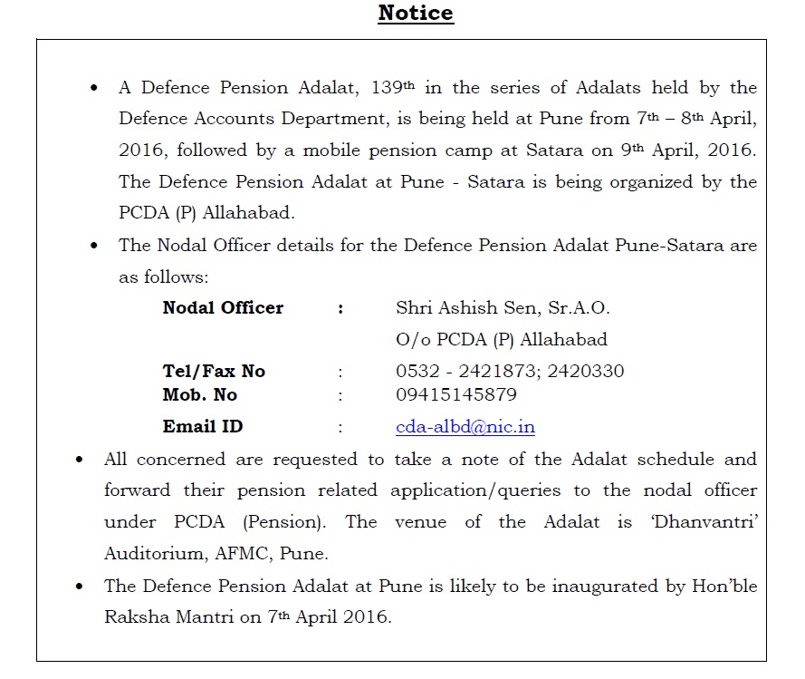 CGDA Notice : Defence Pension Adalat at Pune – Satara from 7th to 9th April 2016