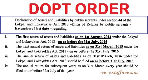 Lokpal and Lokayuktas Act, 2013 – filing of Returns by public servants extended to 31st July, 2016: DoPT Order