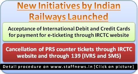 Facilities of Cancellation of PRS counter tickets through IRCTC website and 139 & Acceptance of International Debit and Credit Cards launched