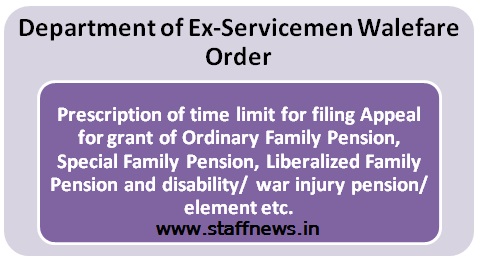 Prescription of time limit for filing Appeal for grant of Ordinary Family Pension, Special Family Pension, Liberalized Family Pension and disability/ war injury pension/ element etc.