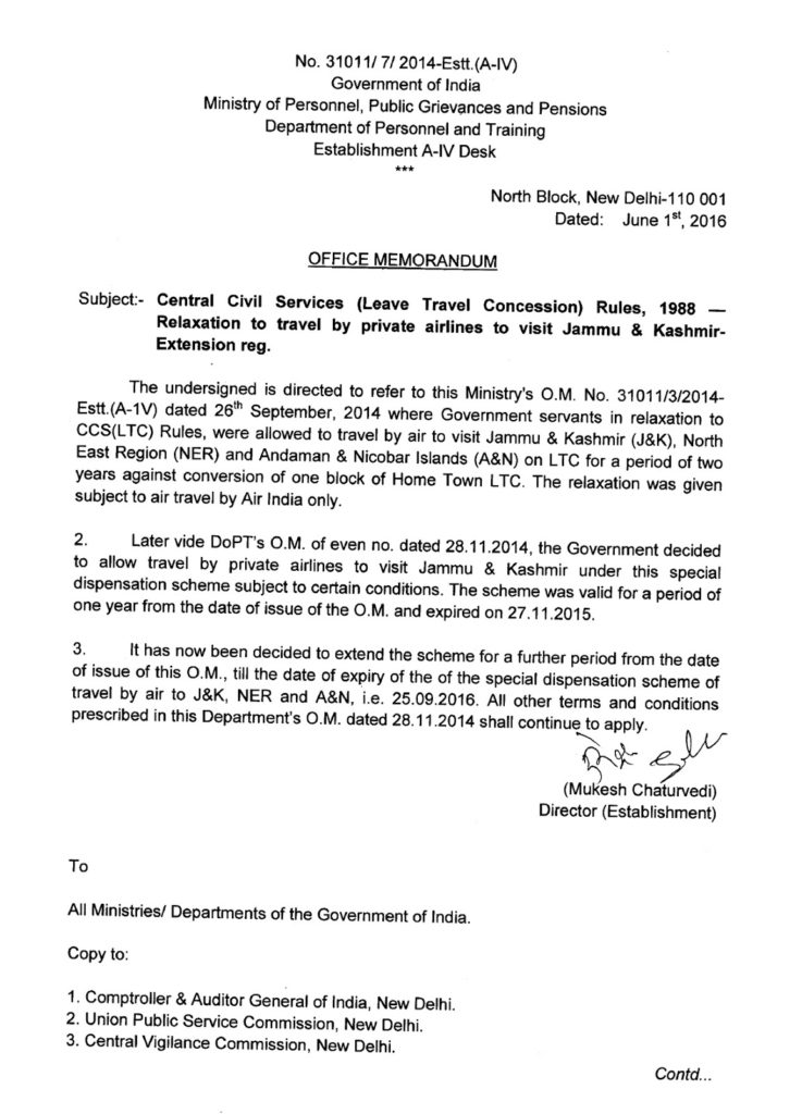 LTC Relaxation to travel by private airlines to visit Jammu and Kashmir – Extension upto 25.09.2016