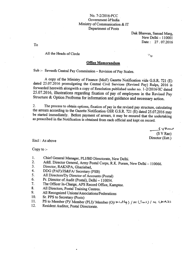 Implementation of 7th Pay Commission Rivised Pay Scale: Deptt of Post