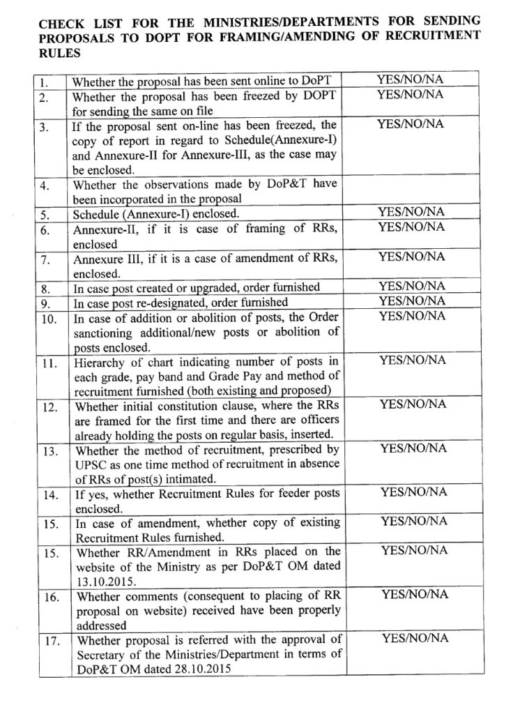 Proposals for framing/amendment of recruitment rules: Introduction of single window system for acceptance in DoPT