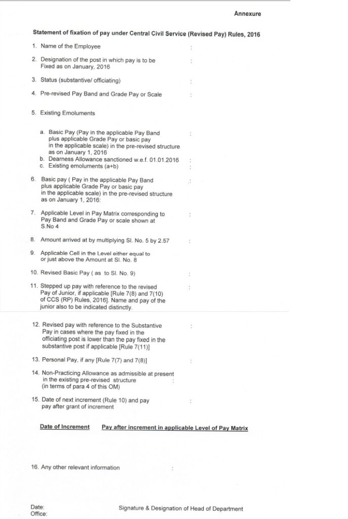 Revised Statement of fixation of pay under Central Civil Service (Revised Pay) Rules, 2016: issued on 1st Aug, 2016