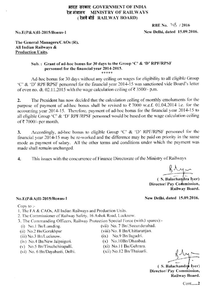 Ad-hoc bonus for 30 days to the Group ‘C’ & ‘D’ RPF/RPSF personnel for the financial year 2014-2015: Railway Board Order