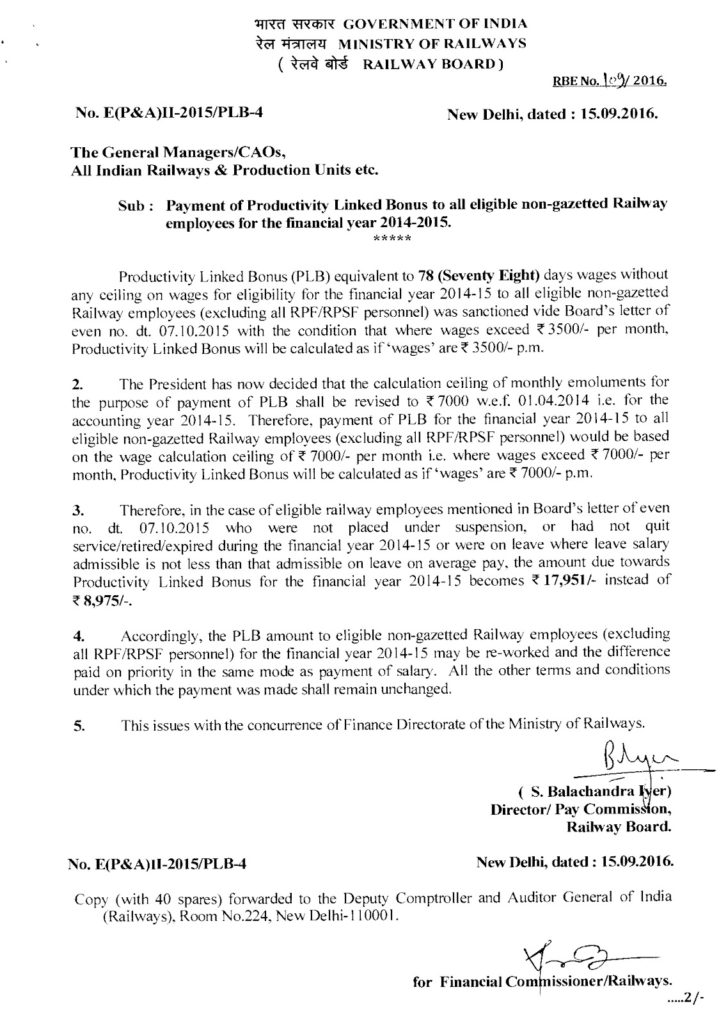 PL Bonus Arrear to all eligible non-gazetted Railway employees for the financial year 2014-2015: Railway Board Order