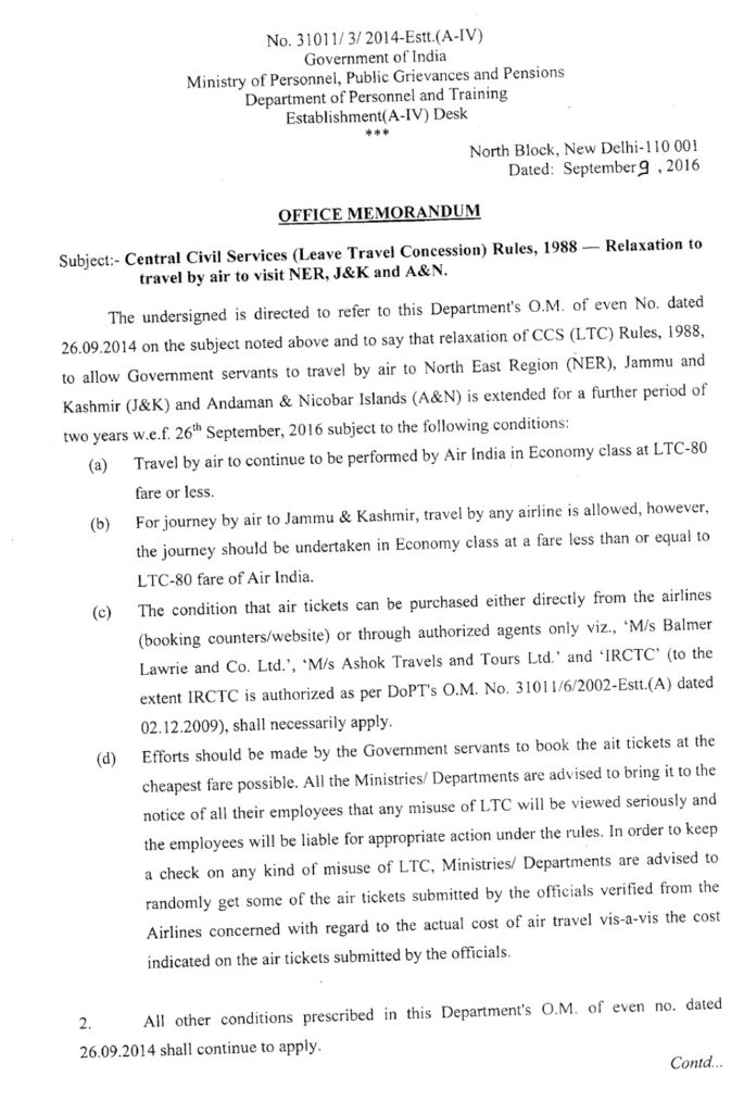 Relaxation to travel by air to visit NER, J&K and A&N Extended for a further period of two years w.e.f. 26th September, 2016