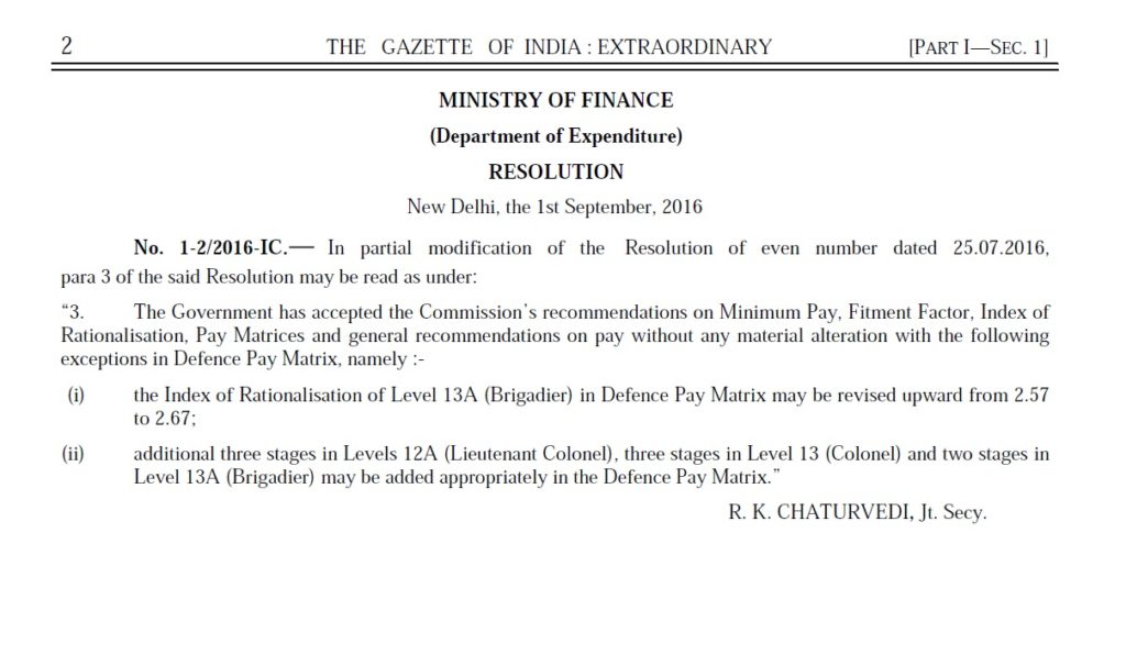 7th CPC Resolution Modification for Defence Pay Matrix in respect of Brigadier, Lieutenant Colonel & Colonel