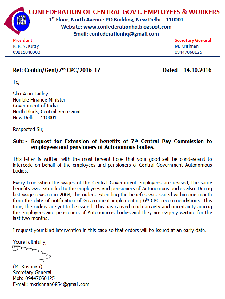 Extension of benefits of 7th Central Pay Commission to employees and pensioners of Autonomous bodies: Confederation writes to Hon’ble Finance Minister