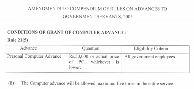 Personal Computer Advance in 7th CPC and Motor Car Advance and Motor Cycle/Scooter/Moped Advance: Finance Ministry Order