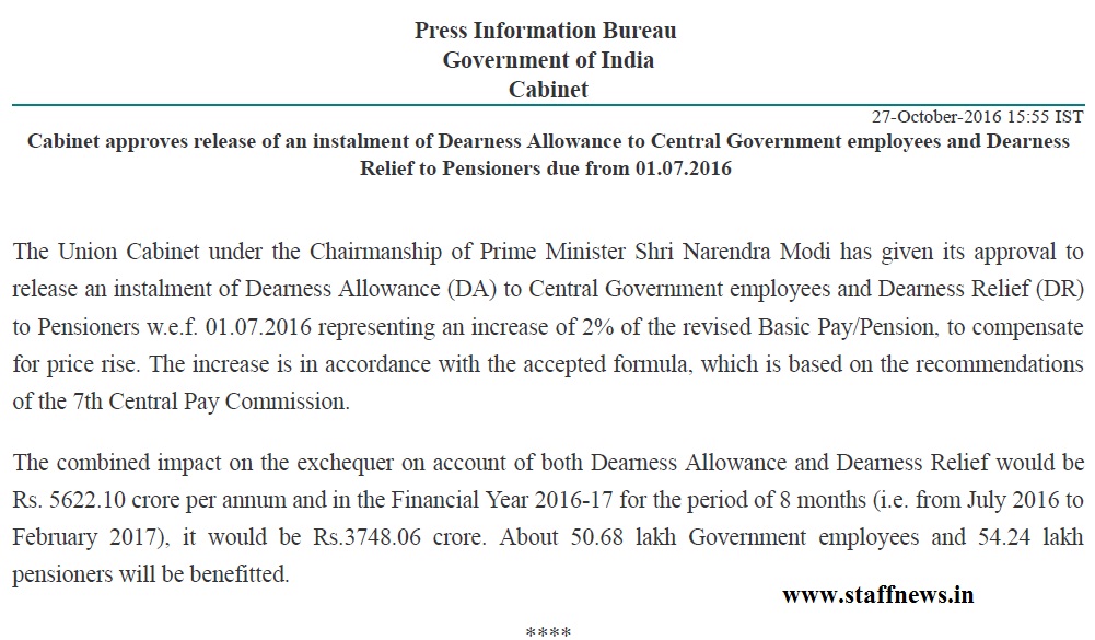 Dearness Allowance and Dearness Relief due from 01.07.2016 @ 2% – Approved by Cabinet – PIB News