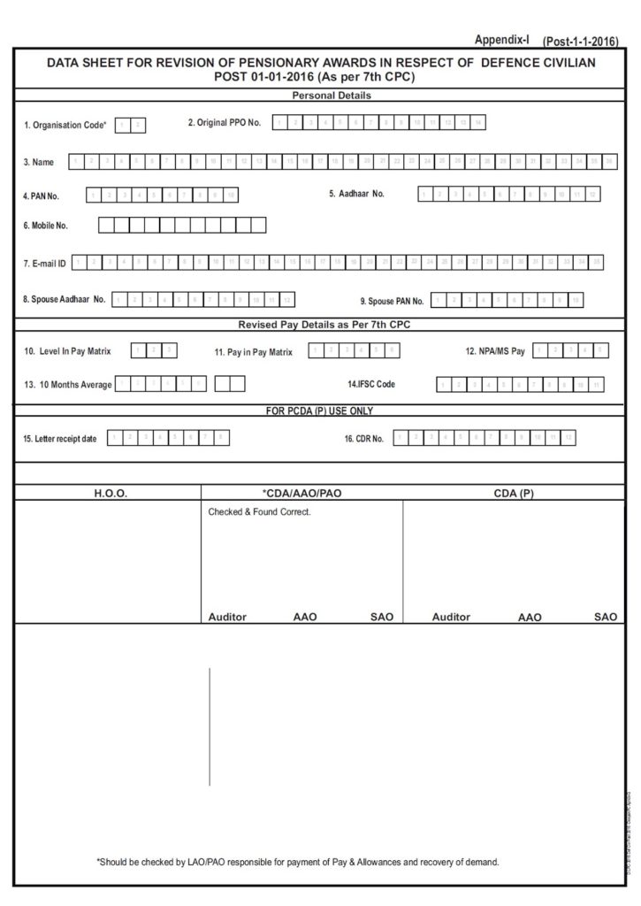 Post 2016 – 7th CPC Pension Revision for Defence Civilian (Including DAD, GREF and Cost Guard Employees): PCDA Circular No. C-156