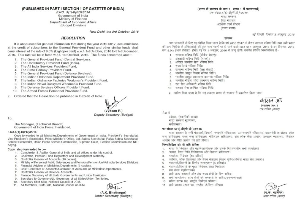 General Provident Fund and similar funds interest @ 8.0% w.e.f. 1st October, 2016 to 31st December, 2016