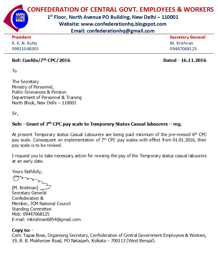7th CPC pay scale to Temporary Status Casual labourers โ Confederation writes to DoPT 7th CPC pay scale to Temporary Status Casual labourers โ Confederation writes to DoPT