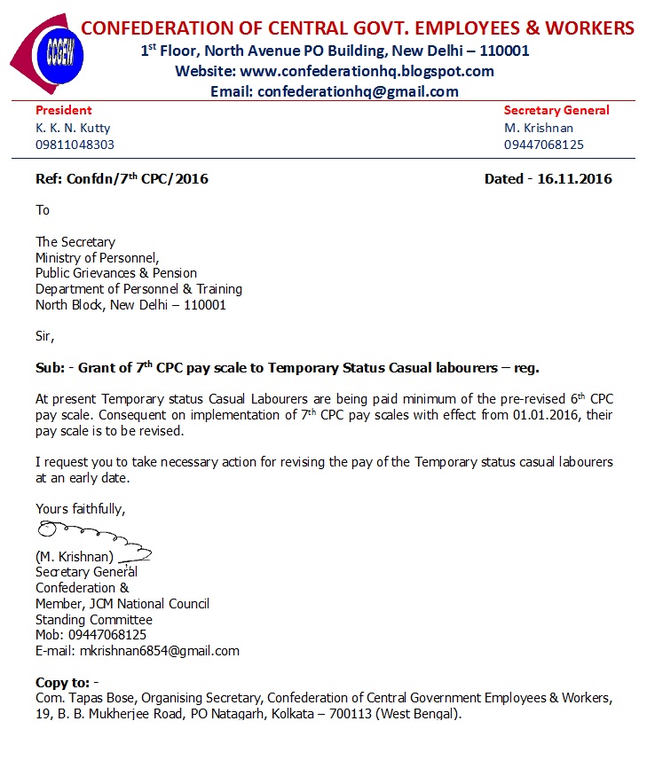 7th CPC pay scale to Temporary Status Casual labourers – Confederation writes to DoPT