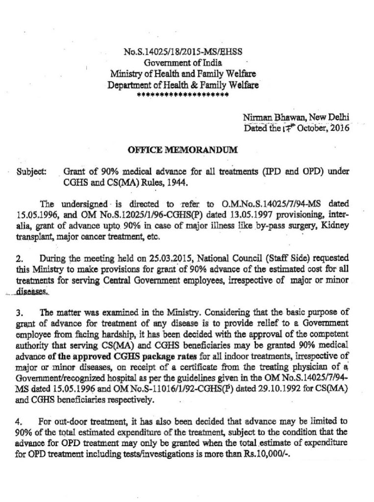 Grant of 90% medical advance for all treatments (IPD and OPD) under CGHS and CS(MA) Rules, 1944