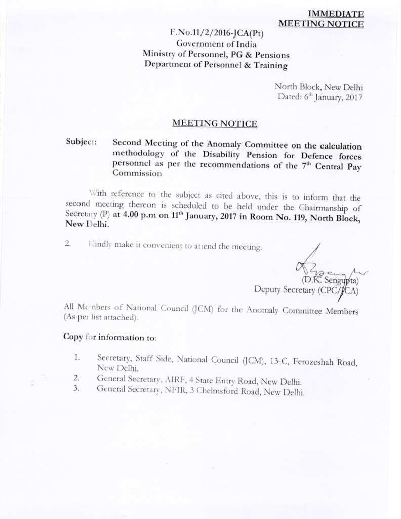 7th CPC – Disability Pension for Defence Personnel: Anomaly Committee second meeting on 11th January 2017