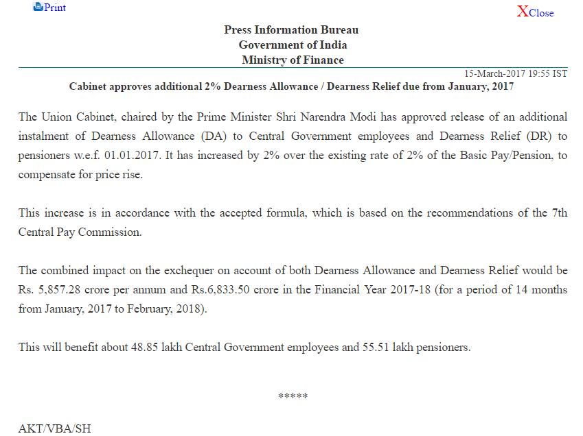 Dearness Allowance / Dearness Relief due from January, 2017 – 2% hike approved by Cabinet