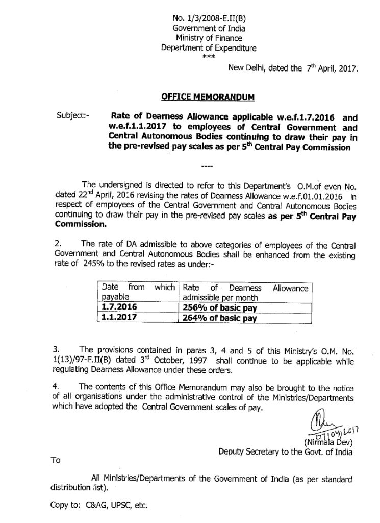 5th CPC Dearness Allowance from July, 2016 @ 256% and Jan, 2017 @ 264%: Finance Ministry Orders