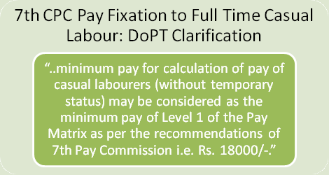 7th CPC Pay Fixation to Full Time Casual Labour: DoPT Clarification 7th CPC Pay Fixation to Full Time Casual Labour: DoPT Clarification