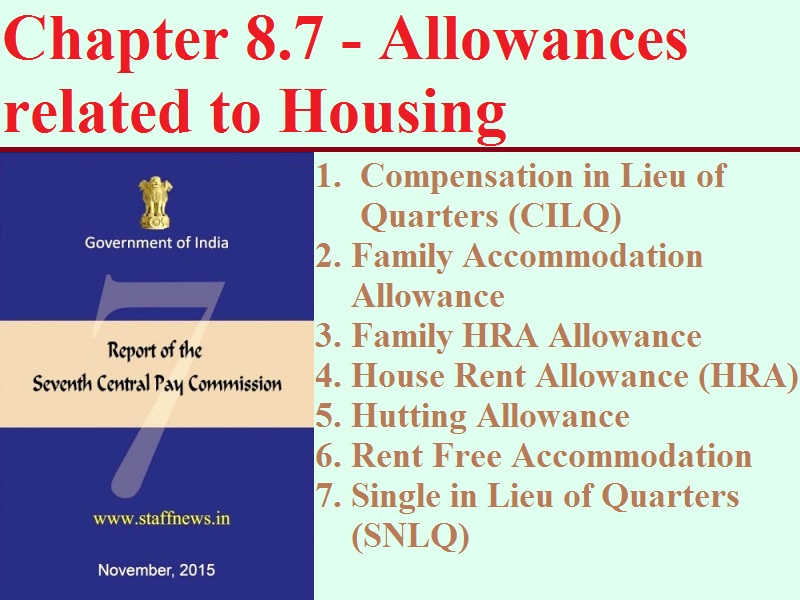 Seventh Pay Commission  Report Chapter 8.7: Allowances related to Housing (HRA, FAA, Family HRA, Hutting Allowance, Rent Free Accommodation, SNLQ)