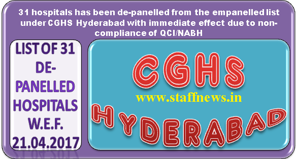 CGHS Hyderabad: List of 31 de-panelled Hospitals w.e.f. 21.04.2017 CGHS Hyderabad: List of 31 de-panelled Hospitals w.e.f. 21.04.2017