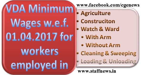 VDA Minimum Wages w.e.f. 01.04.2017 for Agriculture,Construction, Mines, Sweeping, Cleaning, Watch & Ward Duties, Loading & Unloading Workers