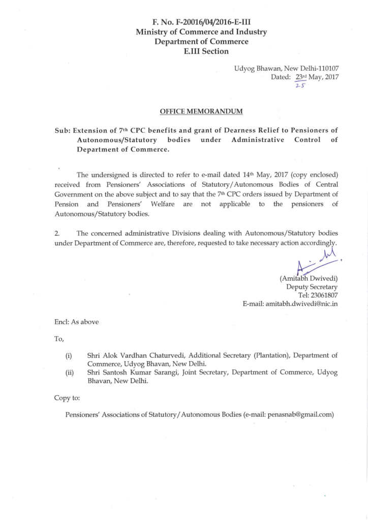 Extension of 7th CPC benefits and grant of Dearness Relief to Pensioners of Autonomous/Statutory bodies: Department of Commerce