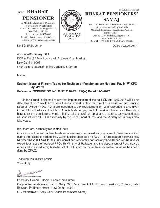 Issue of Fitment Tables for Revision of Pension as per Notional Pay in 7th CPC Pay Matrix: BPS