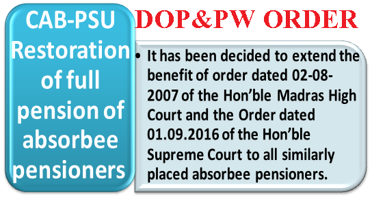 7th CPC Pension Revision: Restoration of full pension of absorbee pensioners in view of the order dated 01.09.2016