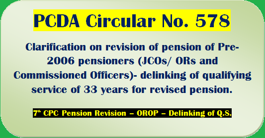 Clarification, FAQ on 7th CPC Pension Revision of Pre-2006 Armed Forces Personnel – Delinking of Qualifying Service of 33 years: PCDA Circular No. 578