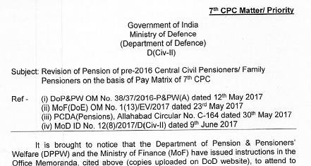 Revision of Pension of pre-2016 Central Civil Pensioners/ Family Pensioners on the basis of Pay Matrix of 7th CPC: MoD Order