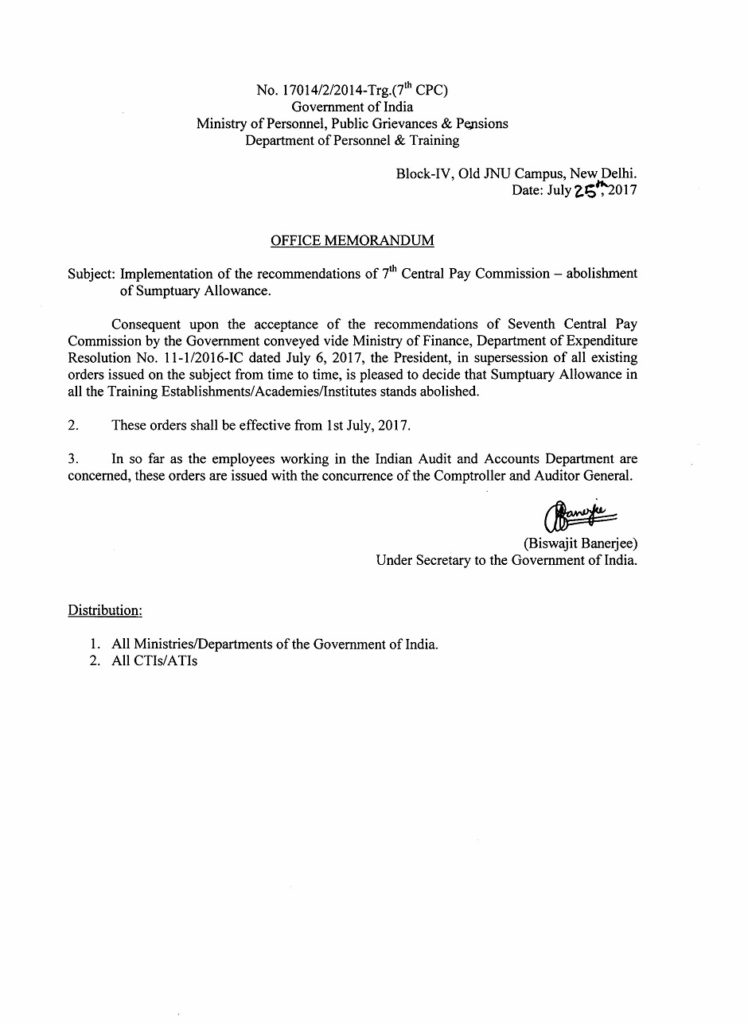 7th CPC Allowances Order: Abolishment of Sumptuary Allowance – DoPT OM