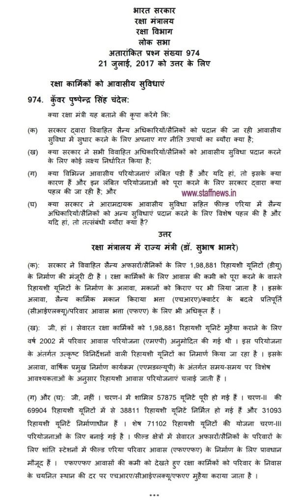 Details of policy measures adopted by the Government to improve the housing facility being provided to married military officers / soldiers Details of policy measures adopted by the Government to improve the housing facility being provided to married military officers / soldiers