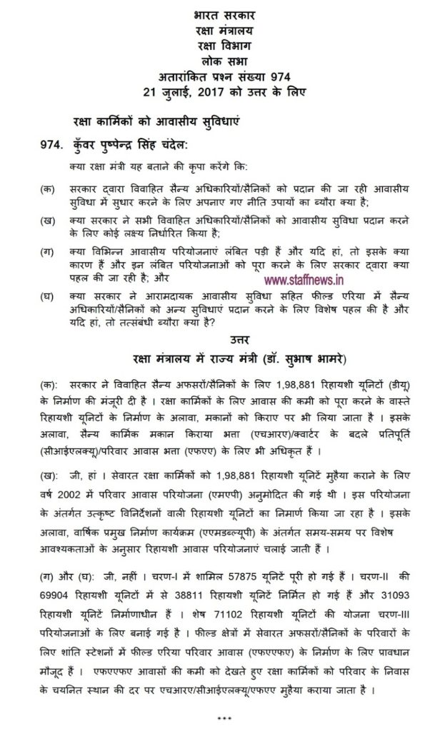 Details of policy measures adopted by the Government to improve the housing facility being provided to married military officers / soldiers