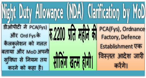 Night Duty Allowance (NDA): Clarification regarding Fixation of ceiling of pay for entitlement by MoD dated 07.07.2017