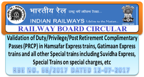 Validation of Duty/Privilege/Post Retirement Complimentary Passes (PRCP) in Hamsafar Express, Gatimaan Express, Suvidha Express, Special trains