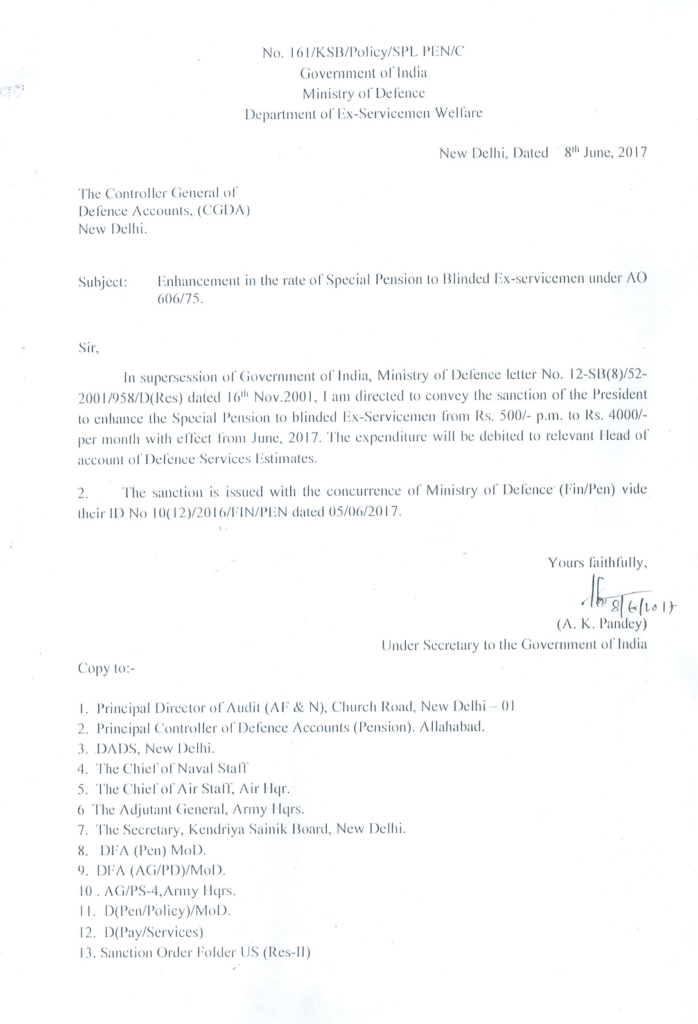 Enhancement of Special Pension to Blinded Ex-servicemen from โน500/- to โน4000/- p.m. w.e.f. June, 2017 Enhancement of Special Pension to Blinded Ex-servicemen from โน500/- to โน4000/- p.m. w.e.f. June, 2017