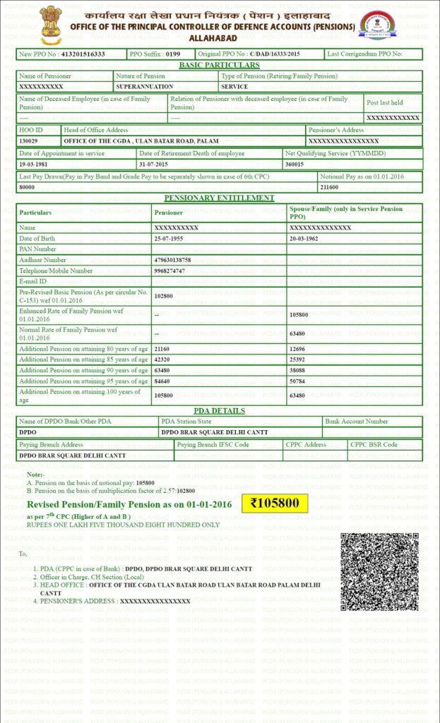 7th CPC – Pre-2016 Defence Civilian Pensioners: PCDA Circular C-169 on Concordance Table with Form of intimation and Sample copy of E-PPO