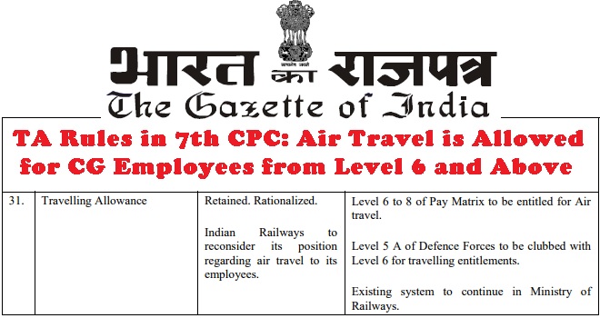 TA Rules in 7th CPC: Air Travel is Allowed for CG Employees from Level 6 and Above