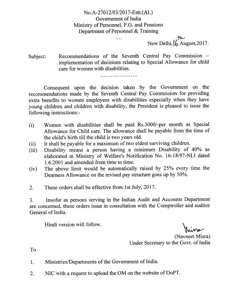 7th CPC Allowances Order – Special Allowance for Child Care for Women with Disabilities