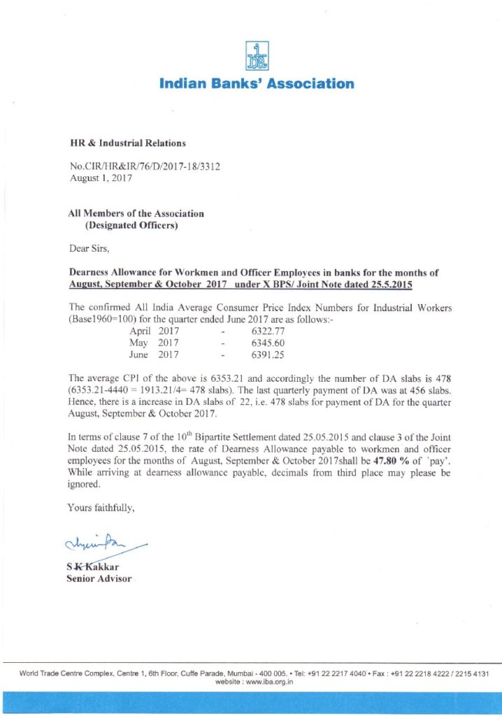 Dearness Allowance for Bank Workmen & Officers @ 47.80% (478 slabs) for the quarter Aug, Sep, Oct 2017